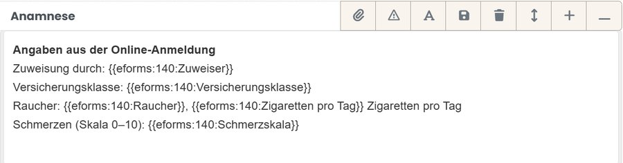 E-Forms-Platzhalter in einem Textfeld der Berichtsvorlage E-Forms-Platzhalter in einem Textfeld der Berichtsvorlage