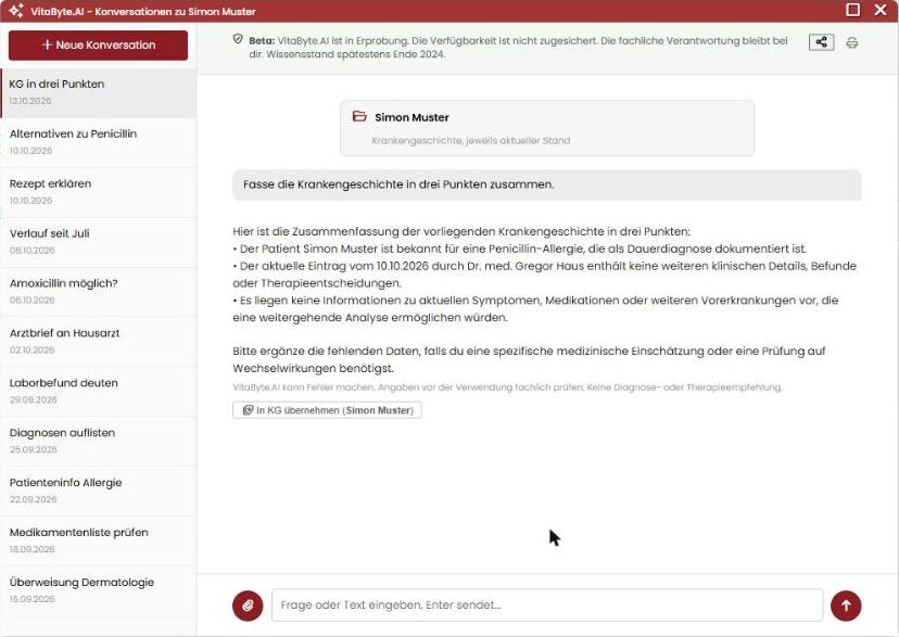 Konversation mit angehängter Krankengeschichte und Antwort von VitaByte.AI Konversation mit angehängter Krankengeschichte und Antwort von VitaByte.AI
